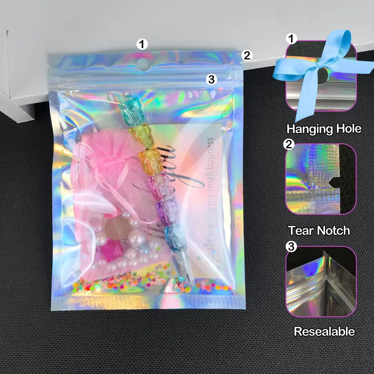 100 Pieces Aluminum Foil Pouch Plastic Packaging Bags Self Seal Laser Zip Bags Resealable Storage Container with Hanging Hole