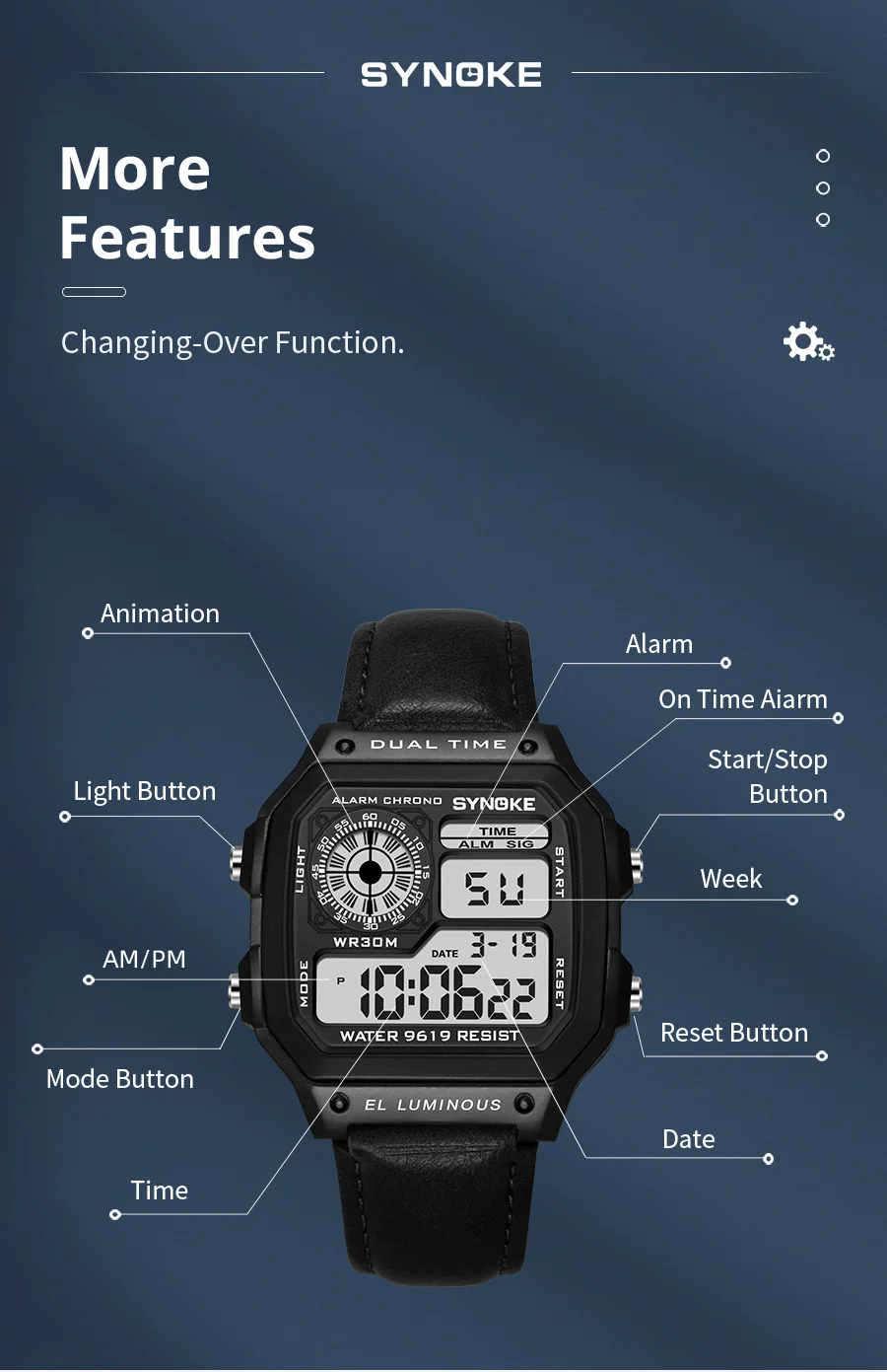 SYNOKE Gürtel Uhr Männer Outdoor Sport Multifunktionale Wasserdichte Leucht LED Digital Uhr PU Leder Für Männer Retro Mode – Detail 10