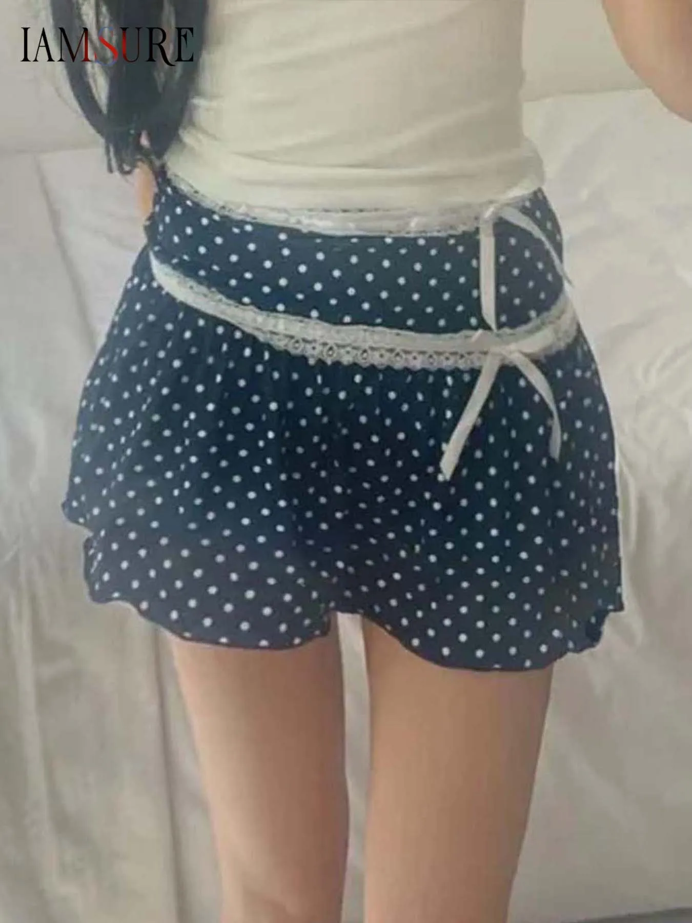 

IAMSURE Sweet Dot Printed Lace Trim A-Line Skirts Casual Mid-Waisted Mini Skirts Women 2025 Summer Fashion Streetwear Ladies