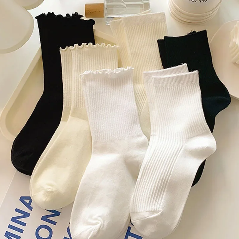 1/2/3pairs Cotton Ruffles Ankle Socks Women Lolita Cute Kawaii Korean Stocking Girl Spring Black White Middle Tube Japanese Sox