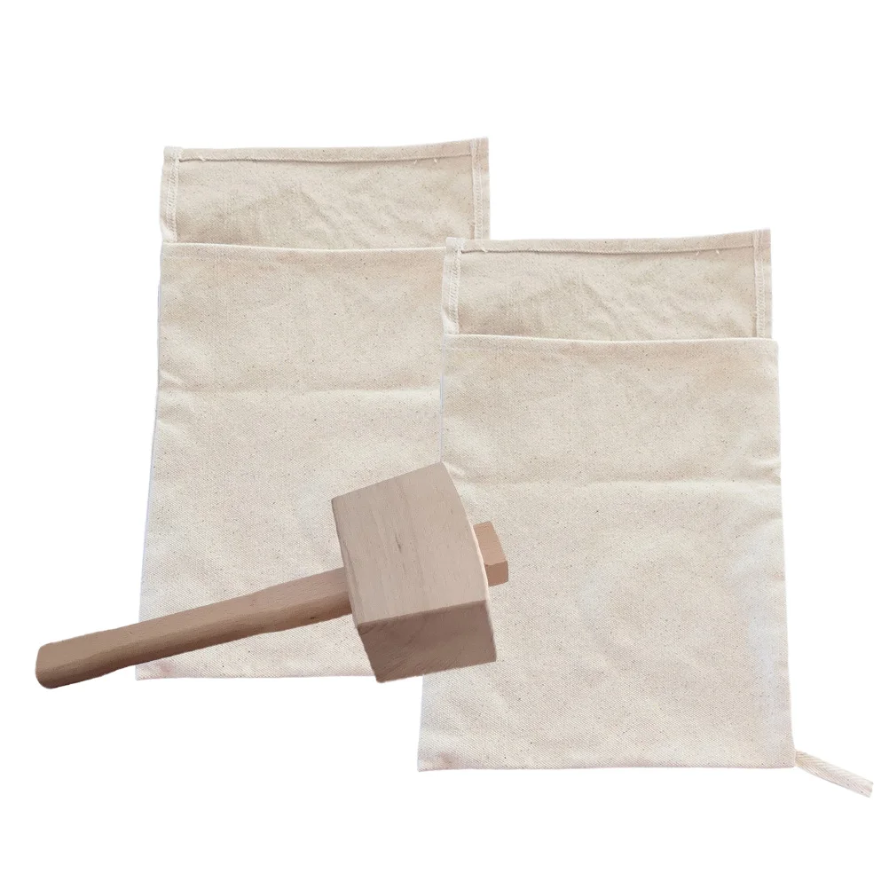 

3pcs Broken Mat Set for Cocktail Restaurant Supply Crush Khaki Wood Bartender Kit Canvas Ice Bag Reusable Dried Ice Crushing