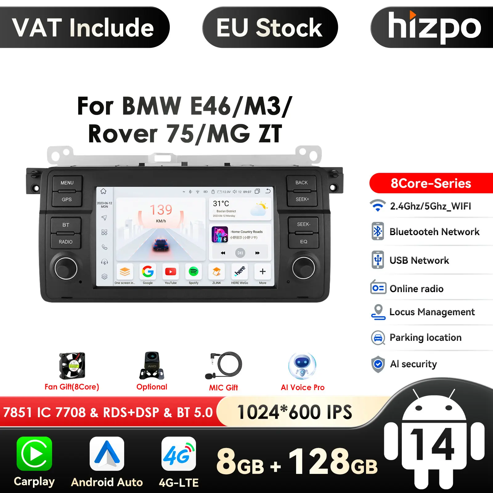 Autoradio Android pour BMW E46 M3, 8 + 128G AI Voice Car, Carplay, 4G, GPS, Lecteur, Limitation de la persévérance, RDS, SWC, 318, 320, 325, 330, 335