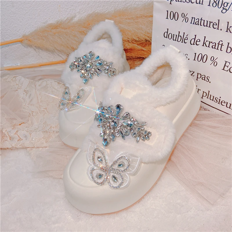 

Warm Winter Shoe Original White Shoes Sweet Rhinestones Plush Thick Sole Heightening Board Fluffy Cute Big Head Size 39 40