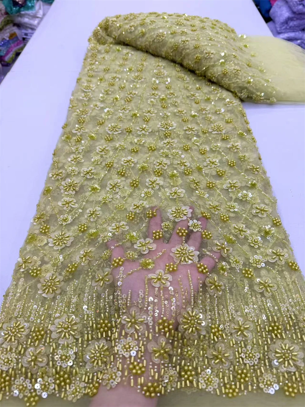 

African Nigerian Tulle Lace Fabric, Sequins Sewing, Guipure Beads, Stone Embroidery Dresses, High Quality, 2024 5Yards, jy395