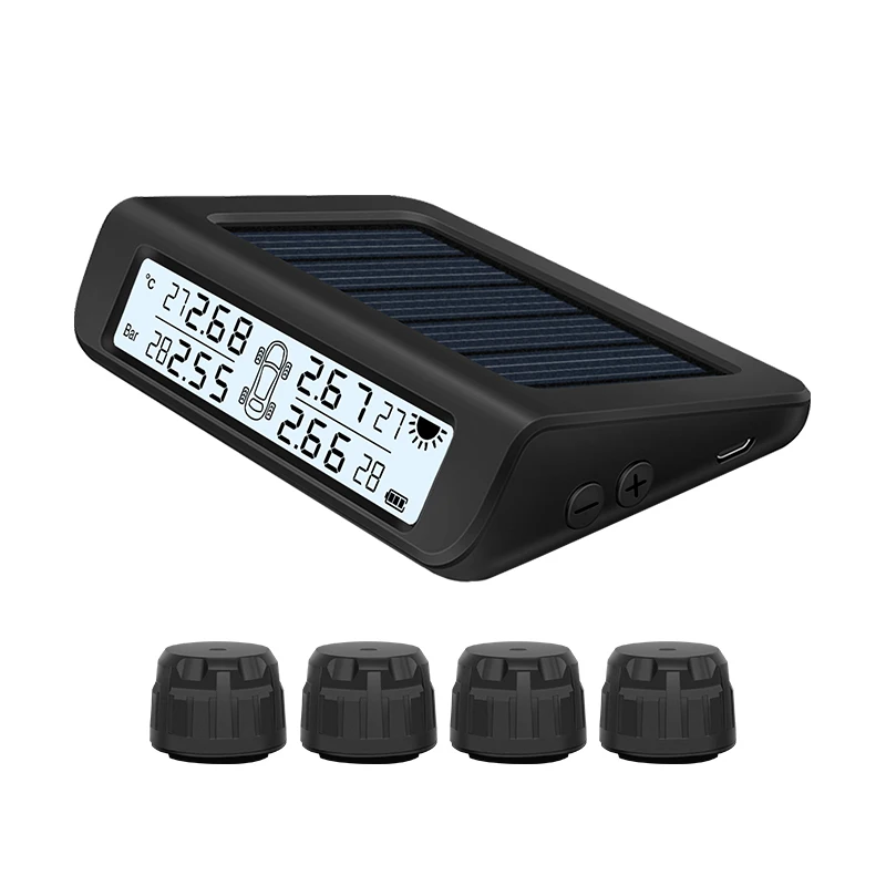 

CAREUD TPMS Солнечная автомобильная система датчиков давления в шинах, охранная сигнализация 4, внешний датчик, дисплей давления в шинах
