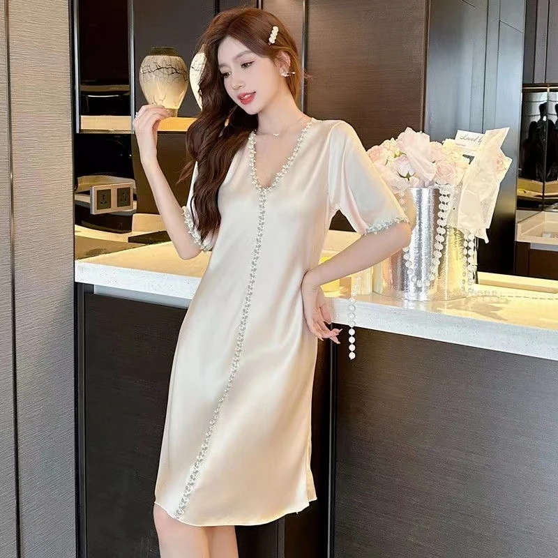 Women Ice Silk Pajamas Nightgowns Sleepwear V-neck Short Sleeved Shirt Pink Smooth Temptation Bathrobe Shirts Nightdress