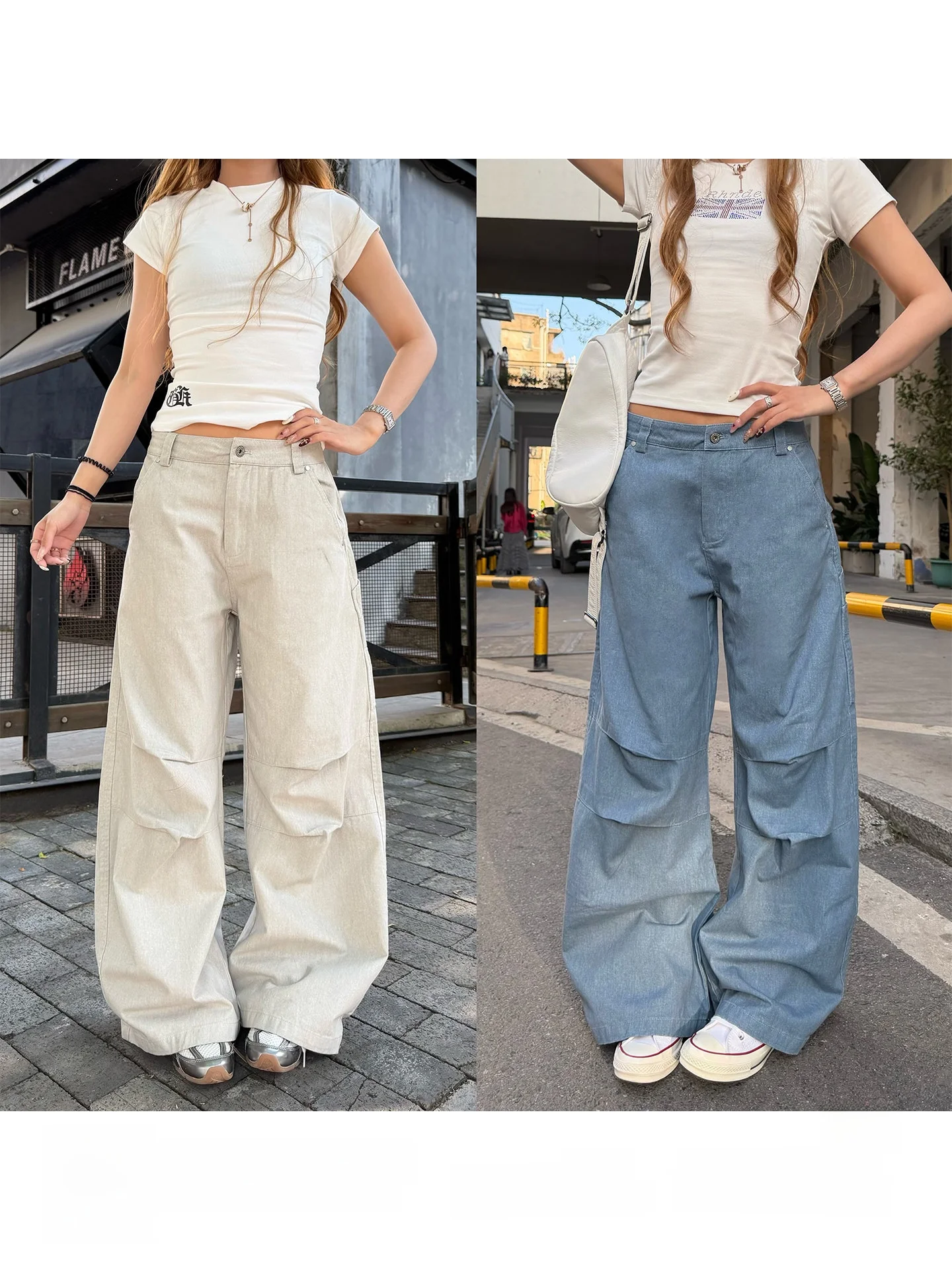 

Casual Loose Women's Workwear Denim Jeans Spring Season Natural Waist Wide Leg Pants Folded Design Floor-Length Slimming