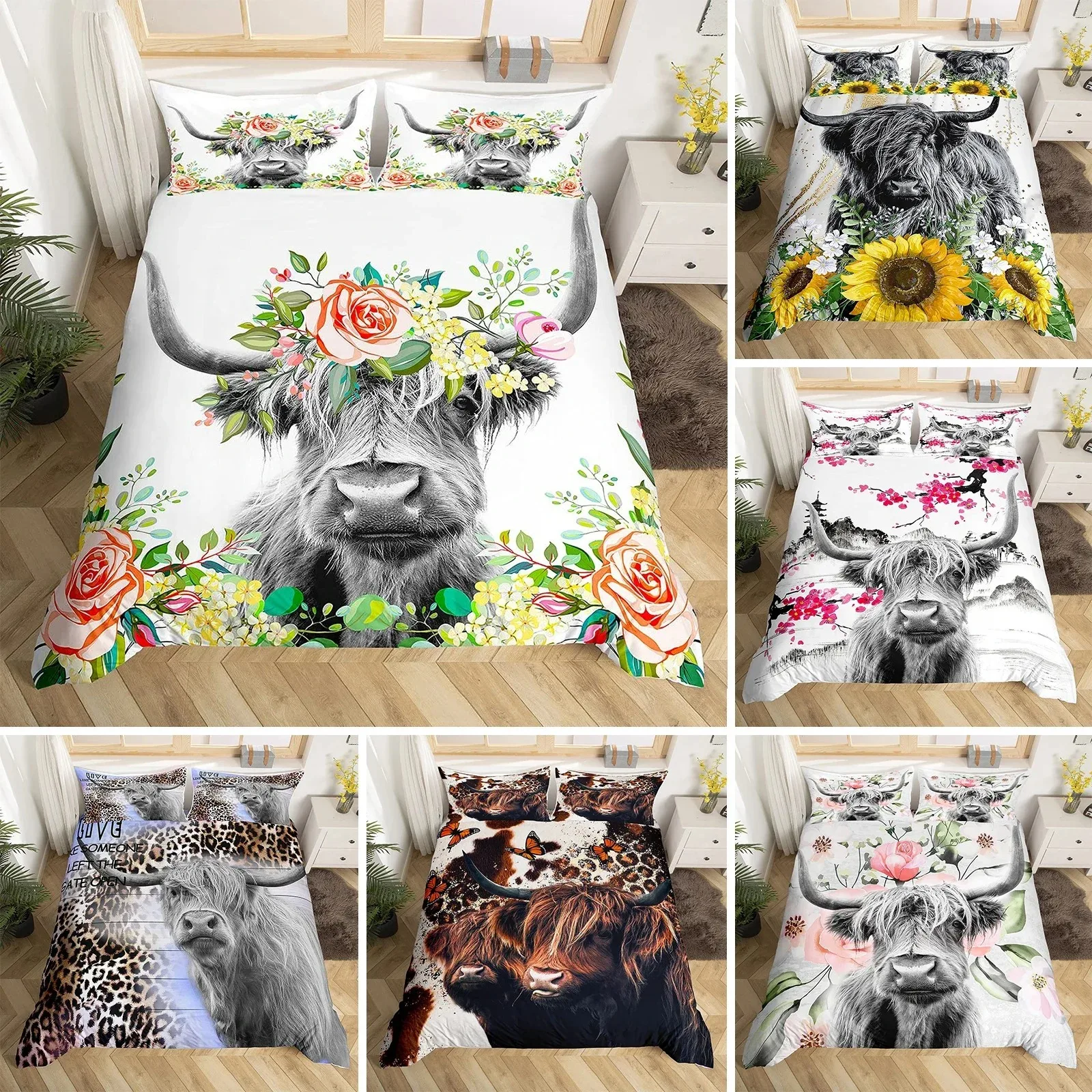 

Highland Cattle Duvet Cover Set Cute Floral Cow Twin Bedding Set Yellow Sunflower Comforter Cover Animal Polyester Quilt Cover