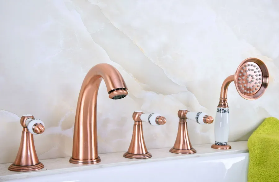 

Antique Red Copper Brass Three Levers Handles Deck Mounted 5 Holes Bathroom Tub Faucet Mixer Tap With Handshower mtf207