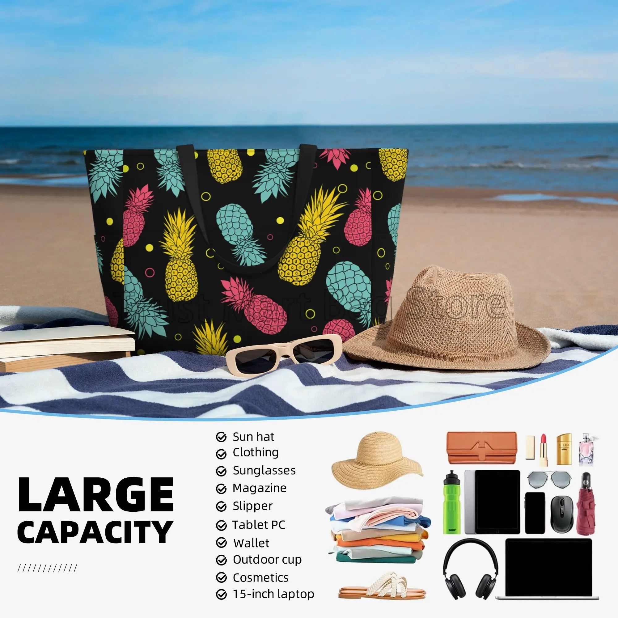 Pineapples Large Waterproof Beach Bag for Women Sandproof Tote Bag Pool Bag with Zipper and Pockets for Travel Vacation Gym