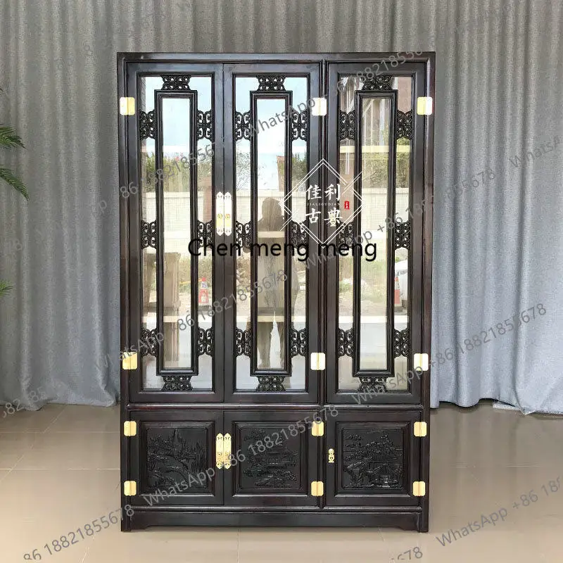 

Chinese-style all-solid wood bookcase Three-door camphor wood bookcase Study file cabinet with glass door