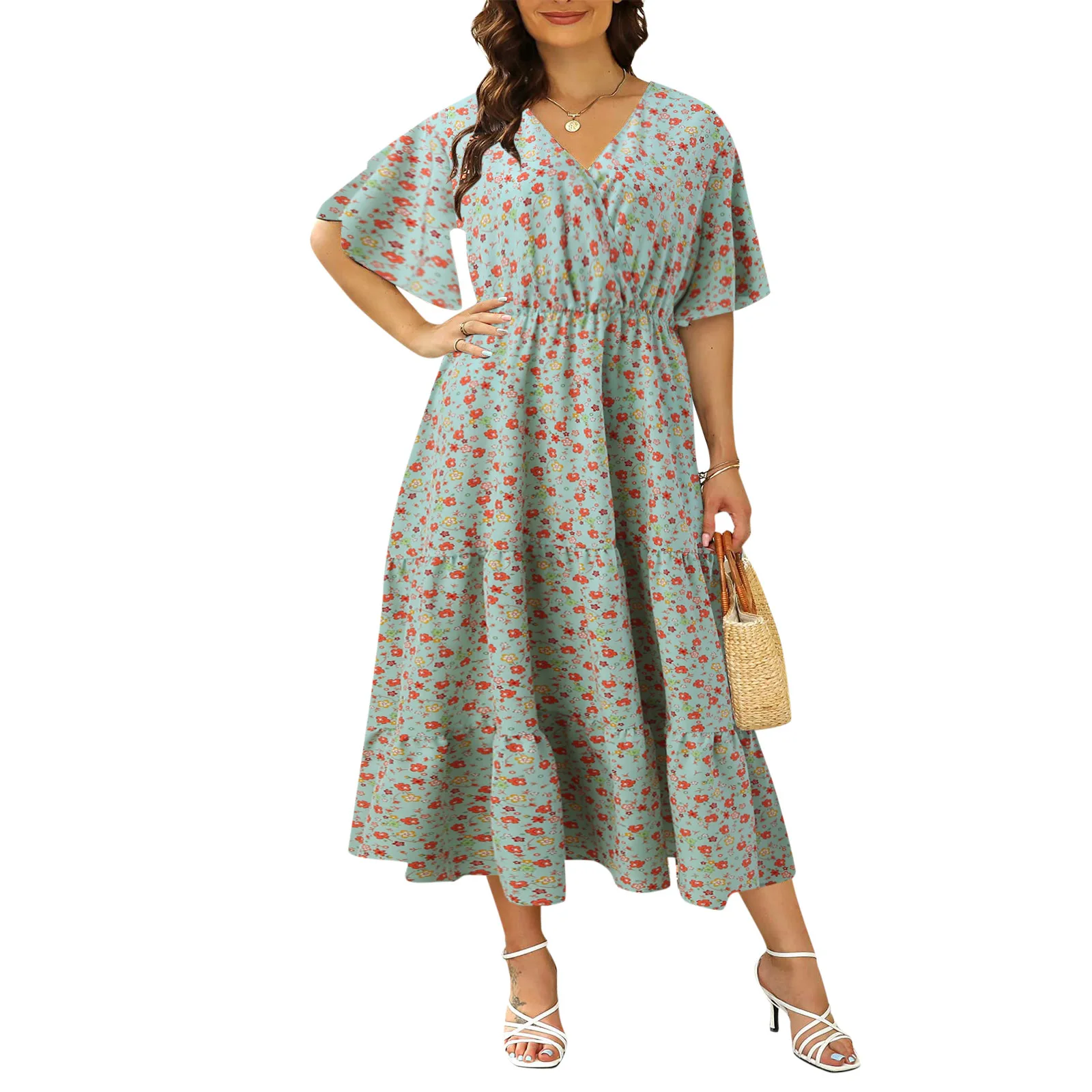 Women Plus Size Summer Dress Cute Boho Flower Vaction Floral Dress Short Sleeve Waist Hem Swing Dresses Casual Holiday Dress