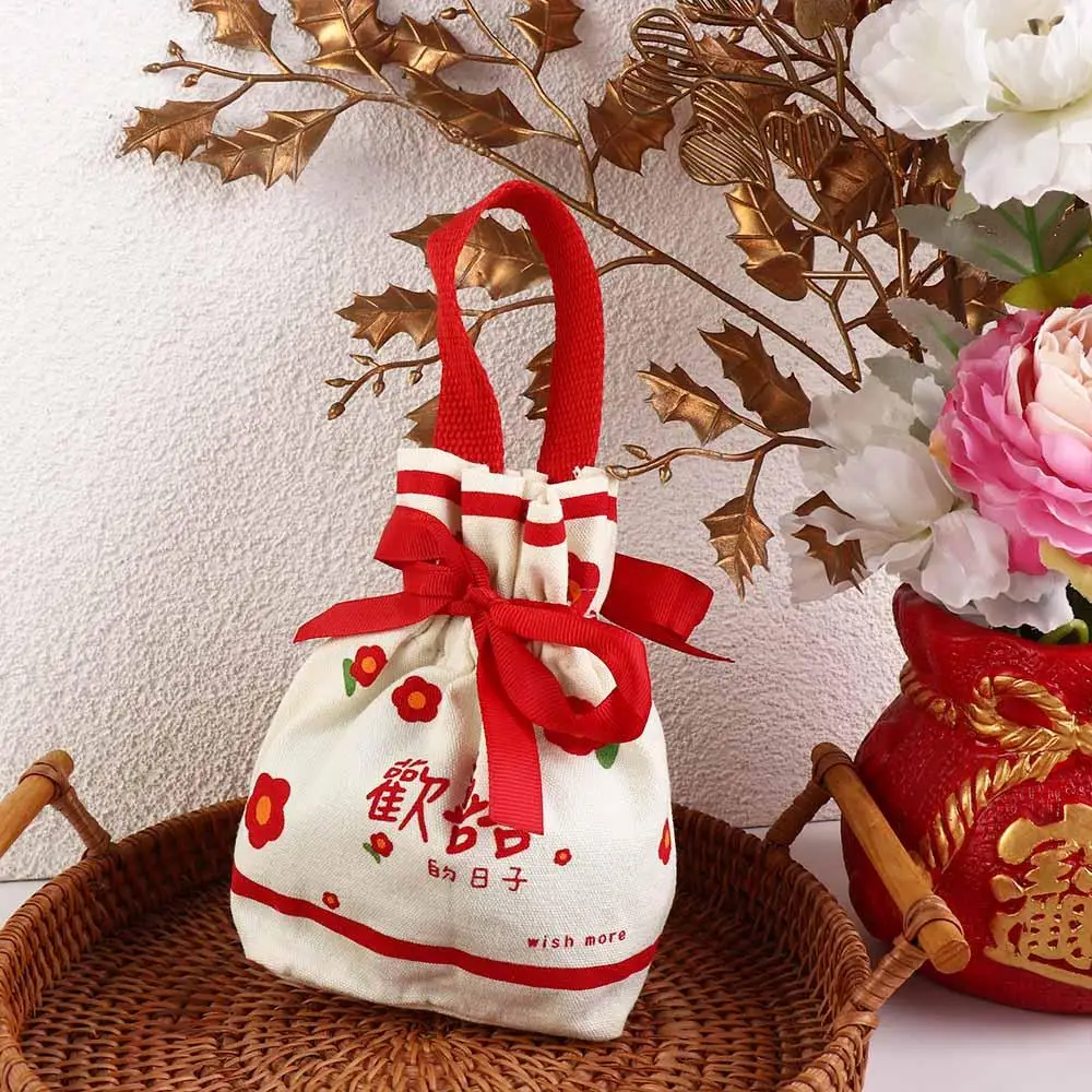 Elegant Floral Canvas Drawstring Bag Letter Large Capacity Festive Sugar Bag Wedding Candy Bag Bucket Bag Bowknot Handbag Party