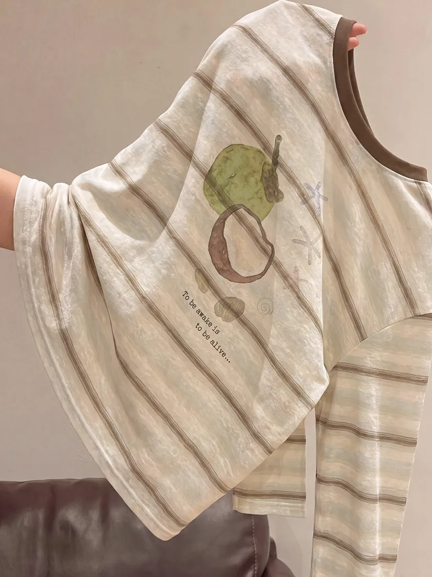 Loose Fit Korean Style Women's T-Shirt Long Sleeve Thin Autumn Top Oversize Sun Protection Stripe Print Casual High Waist