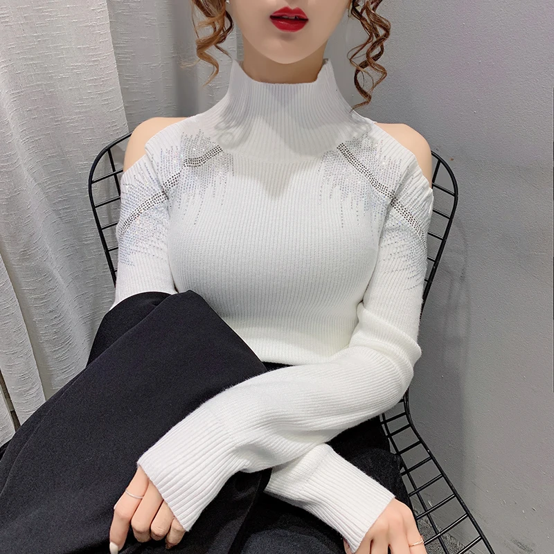 MadBlack New European Clothes Sweater Women Mock Neck Off Shoulder Diamond Knit Tops Long Sleeve Pullover Autumn Winter T30431JM