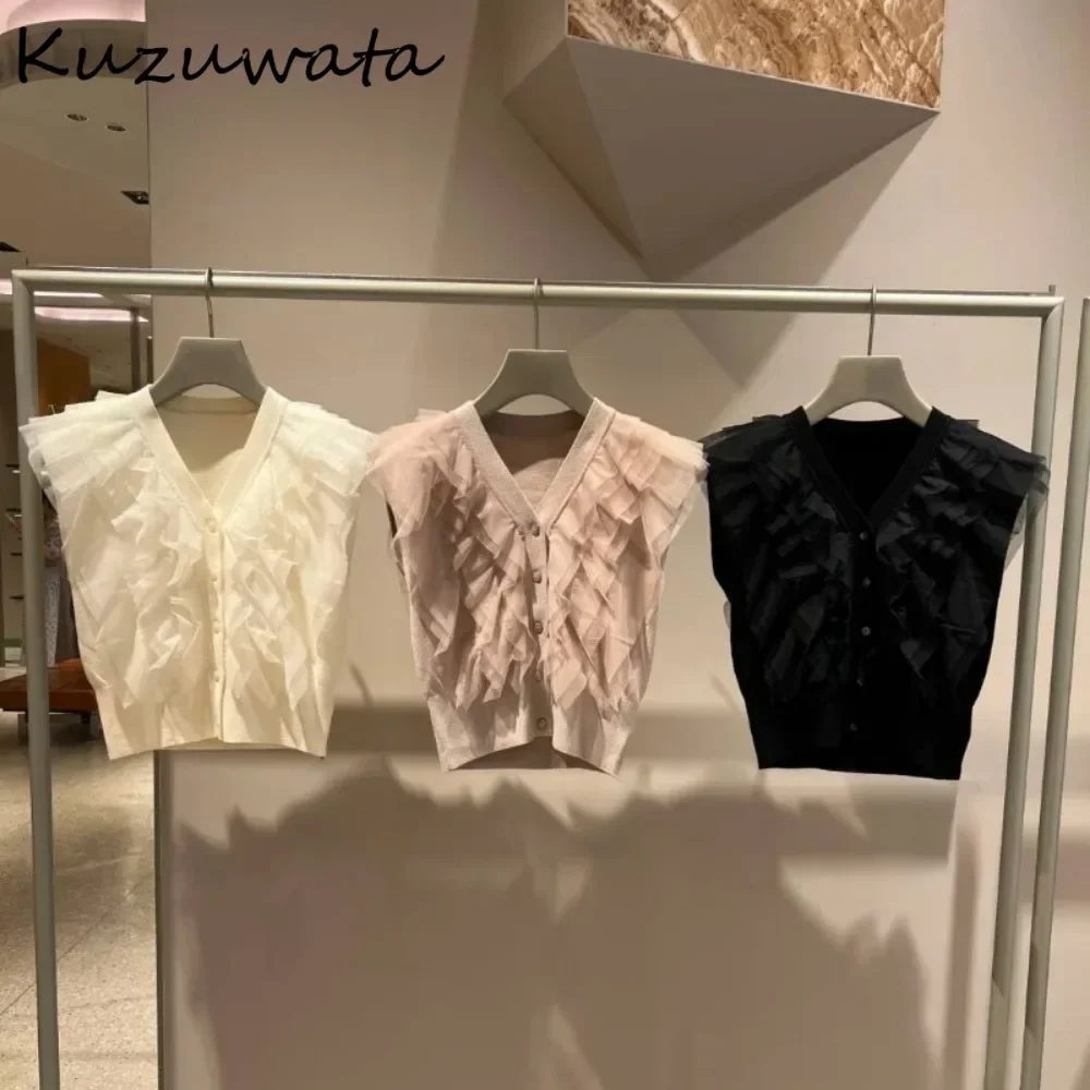 Kuzuwata Sweet V Neck Sleeveless Patchwork Jumper Knit Voile Single Breasted All-match Cardigan Japanese Fresh Ruffles Sweaters