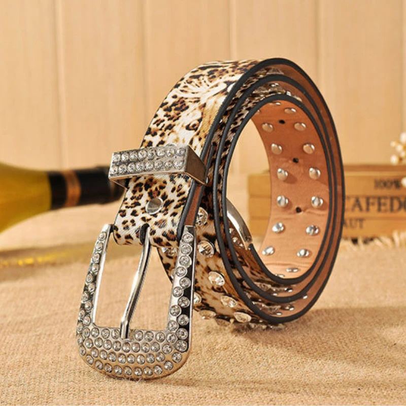 Rhinestone Leopard Print Leather Waistband Women Casual Fashion Sweater Jeans Decorative Girdle Gothic Y2k Korean Fashion Belt