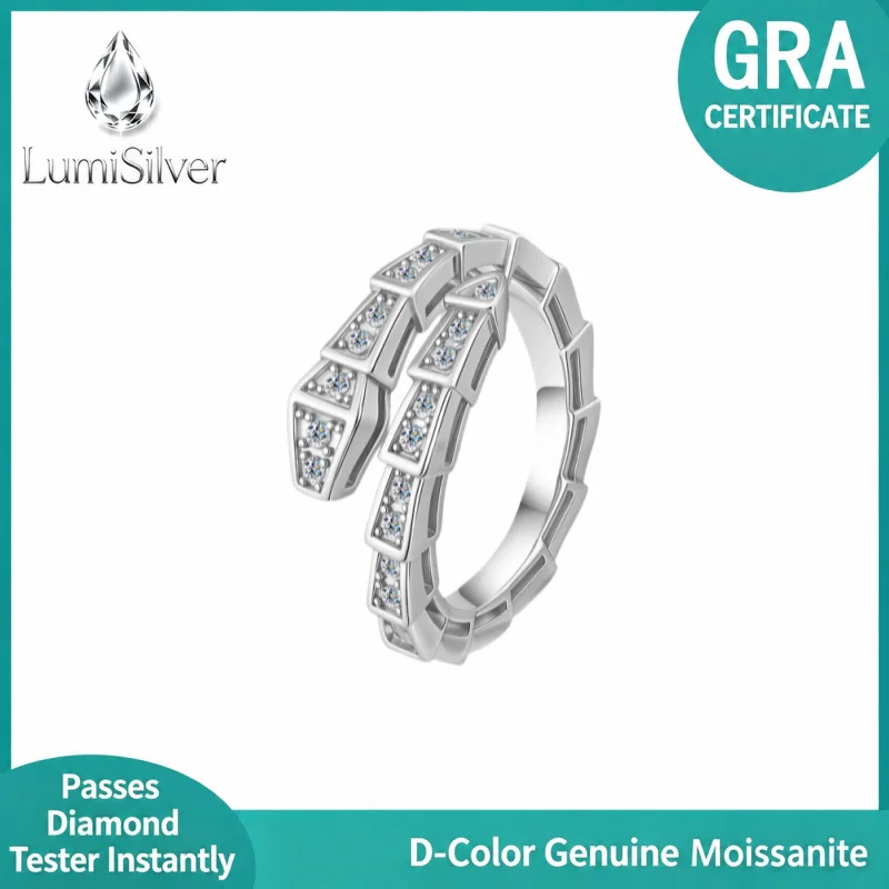 1CT Moissanite Snake Wrap Open Ring 925 Sterling Silver Pave Cuff Band Women Vintage Stackable Fine Jewelry Gift