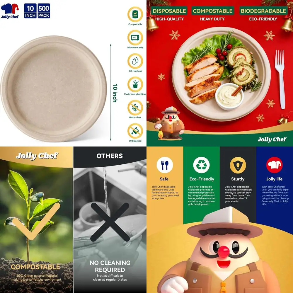 

Eco-Friendly Heavy Duty Compostable Plates, 10 Inch, 500 Pack, Natural Bagasse, Biodegradable from Sugarcane, Ideal for Parties