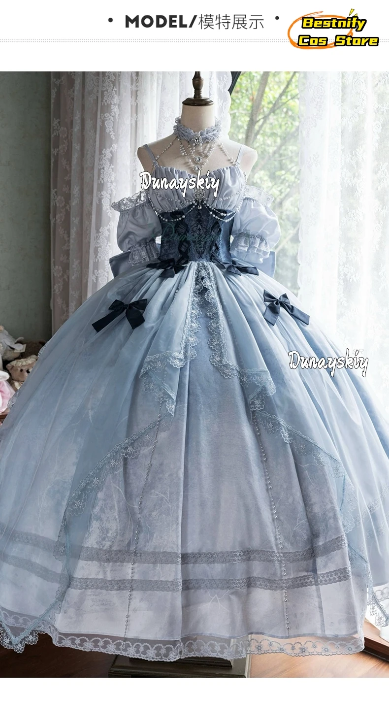 {Bestnify Cos}Cinderella Lolita Dress Evening Dress Skirt  Wedding Princess Costume Elegant Blue Dress Puffed Sleeves Halloween view 3