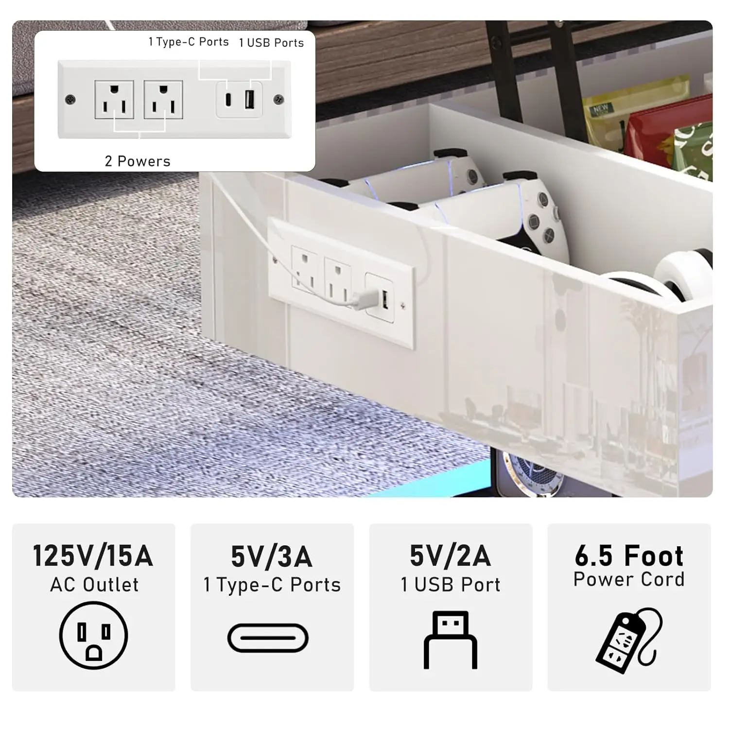 طاولة قهوة كبيرة مقاس 39.4 بوصة، طاولات قهوة حديثة عالية اللمعان LED لغرفة المعيشة مع مساحة تخزين، طاولات غرفة المعيشة باللون الأسود لـ