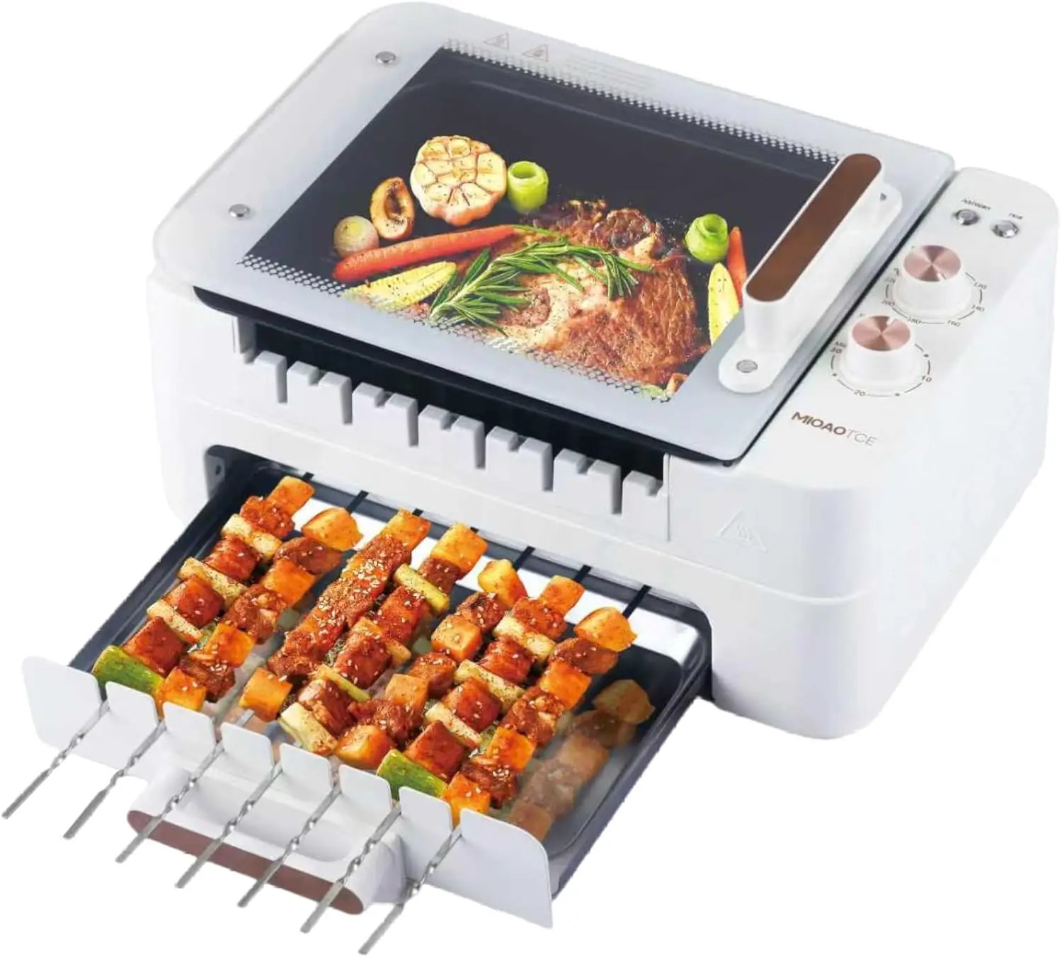 

Электрический гриль 3-в-1 для дома - 1000 Вт, с вращением на 360° ° Автоматически вращающийся бездымный гриль для помещений с 3 решетками для приготовления.