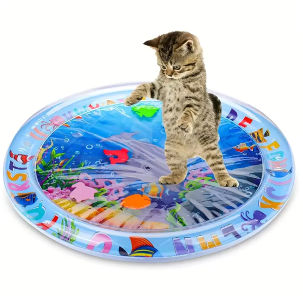 Interactive Cat Water Play Mat Inflatable Splash Pad Ocean Fish Theme Sensory PVC Crawling Toy for Cats Durable Pet Activity Pad