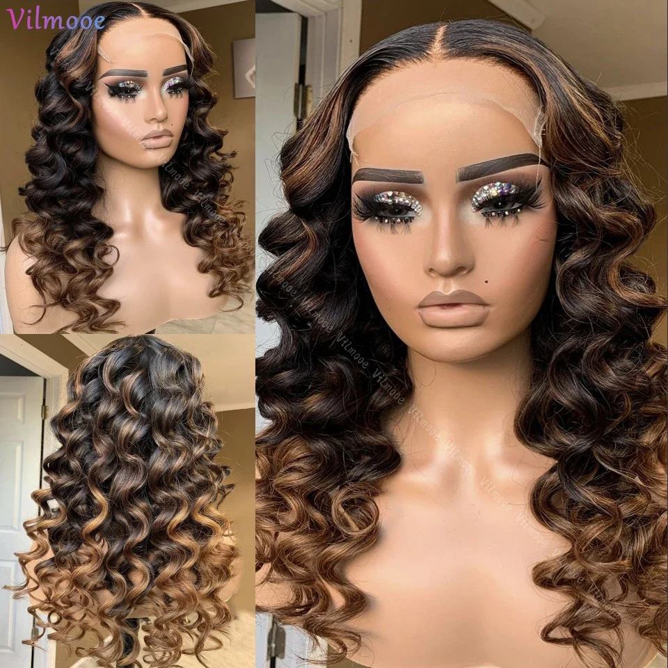 Highlight Ombre Brown Loose Deep Wave Lace Front Wig Pre-Plucked 5x5 Silk Base Closure Wigs Highlights Human Hair Wigs For Women