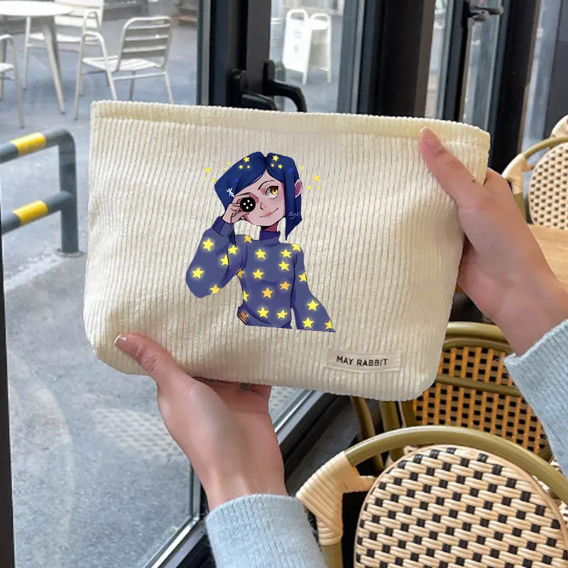 

Kawaii Coraline Corduroy Travel Women's Cosmetic Bag Portable Makeup Storage Bag Purses Women Zipper Organizer Storage Clutch