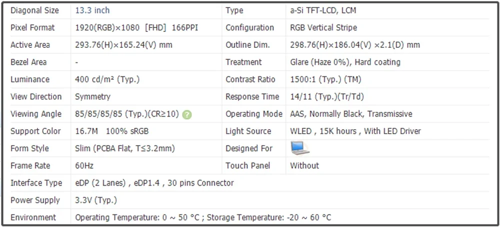 Painel IPS de tela LCD de 13,3 polegadas FHD 1920x1080 EDP 30 pinos 100% sRGB 400 cd/m2 (Tipo) 60 Hz N133HCG-GR3 N133HCG GR3