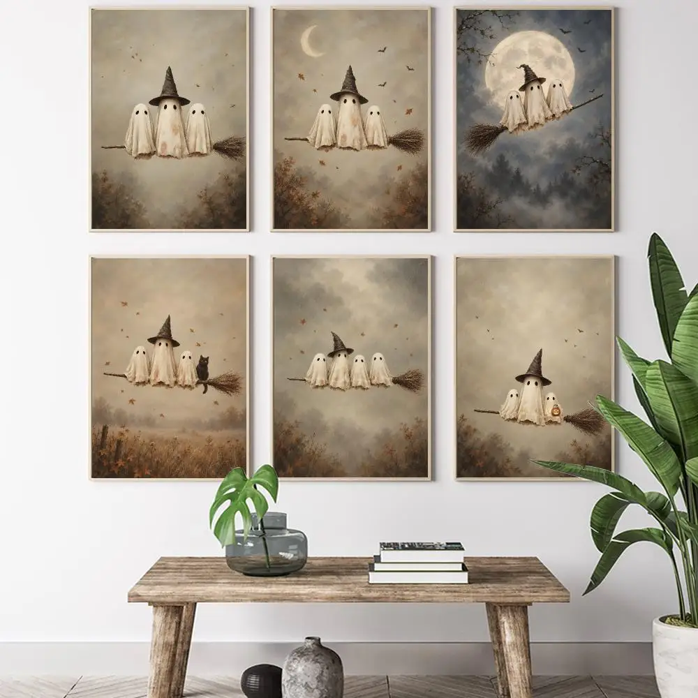 Halloween Misty Moon Ghost Broom Ride Painting Calligraphy HD Canvas Poster Living Room Bedroom Bar Aesthetic Decoration