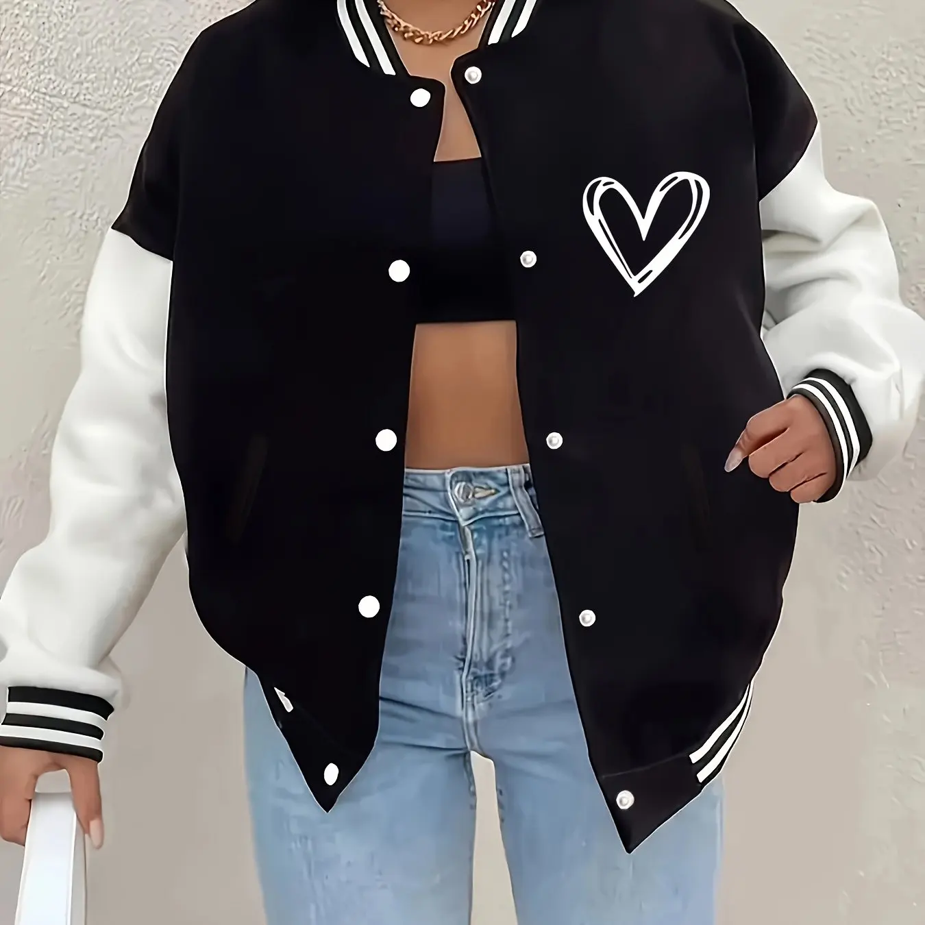 Modische, Minimalistische Baseball-Jacke mit Liebes-Print für Damen, Trendige Freizeitjacke für Frauen, Damenjacke