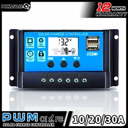 POWLSOJX Regolatore di carica solare 12V 24V PWM 10A 20A 30A con display LCD regolabile Doppia porta USB Impostazione timer Parametro automatico