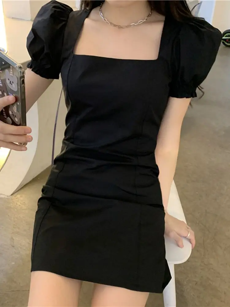 فستان صيفي أنيق بأكمام قصيرة باللون الأسود الصغير للنساء النسخة الكورية فستان نسائي بياقة مربعة حلوة وتنورة قصيرة على شكل حرف a #3
