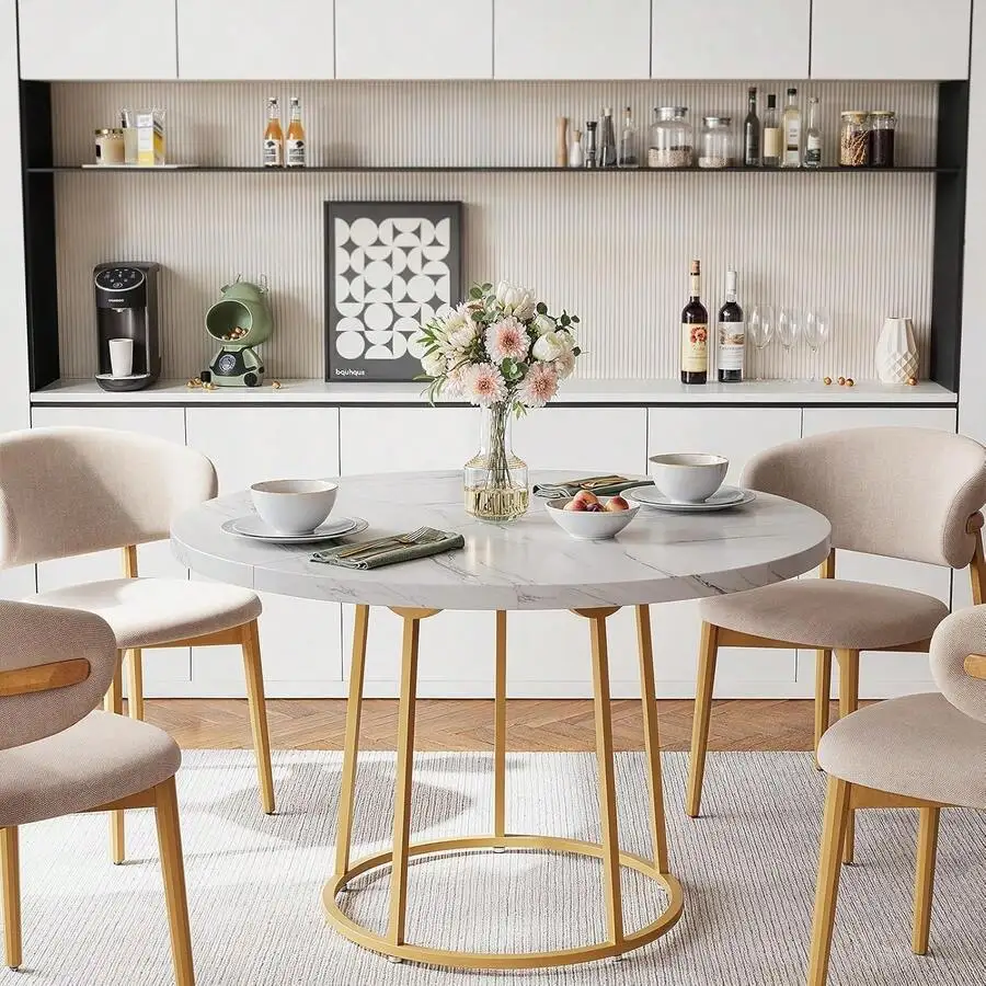 47.24-Inch Kitchen Table For Four, Wooden Faux Marble Dinner Table With Gold Base For Home, Restaurant, And Dining Room