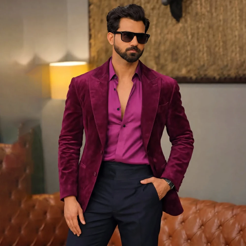 

High Quality Men's Suits Velvet Blazer With Navy Blue Trousers Sets Fashion Prom Party Slim Fit 2 Piece Jacket Pants Outfits