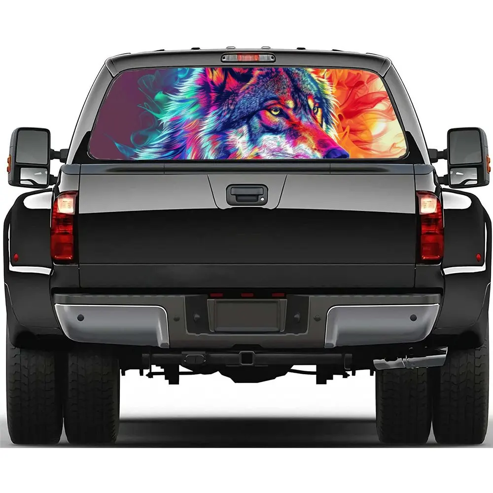 

Colorful Wolf Oil Painting Car Rear Windshield Sticker Truck Window See Through Perforated Back Window Vinyl Decal Decor Gift