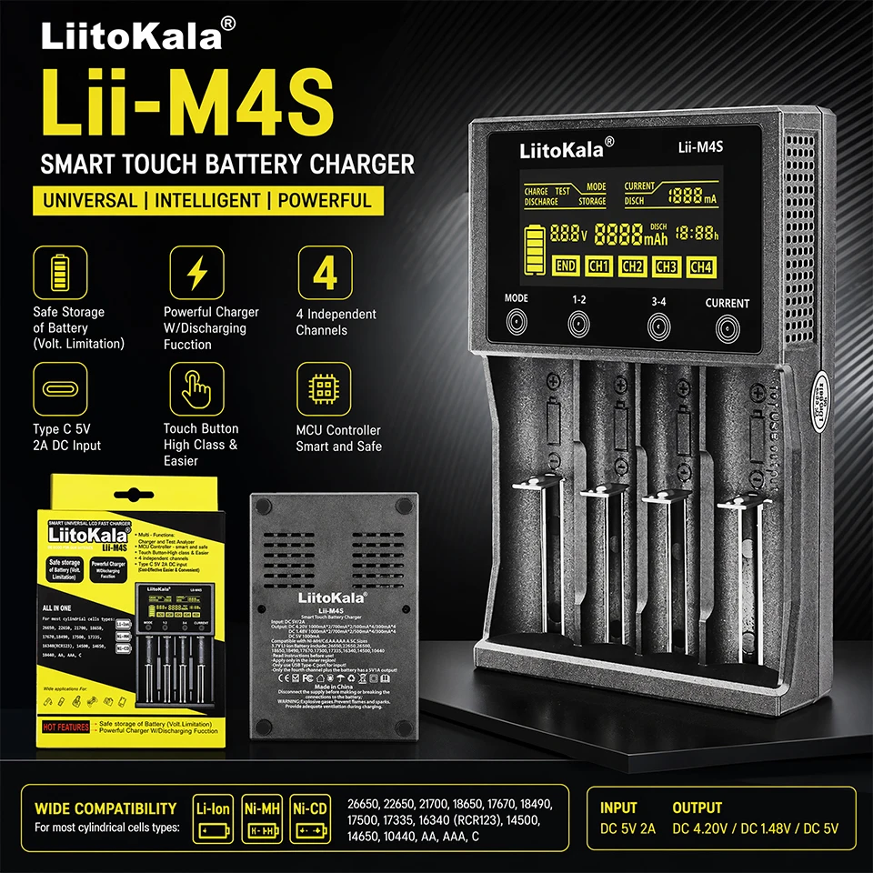 Lii-M4S Smart Touch 4-Slot Battery Charger for 18650 26650 AA AAA Li-ion Ni-MH,Capacity Tester, USB Output, Flashlight Accessory view 4