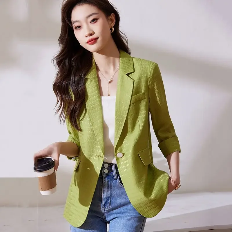 

Spring Summer Women Thin 2024 New High-Grade Casual 3/4 Sleeve Blazer Female Green Suit Jacket Fashion Slim One Button Outwear