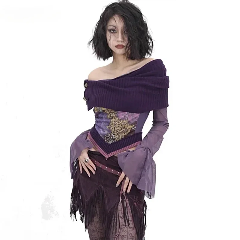 Vintage Trashy Flare Sleeve Purple T Shirt Gothic Subculture Japanese Y2k Off Shoulder T-shirts Grunge Aesthetics Knitted Top