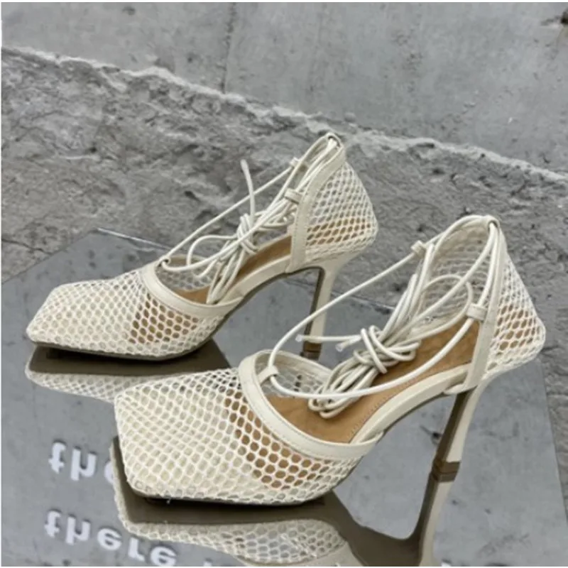 2024 Fashion Sandals, Mesh Breathable Square Head Lace-up Women\'s Shoes, Women Sexy Seductive Mesh High Heels, Sandals