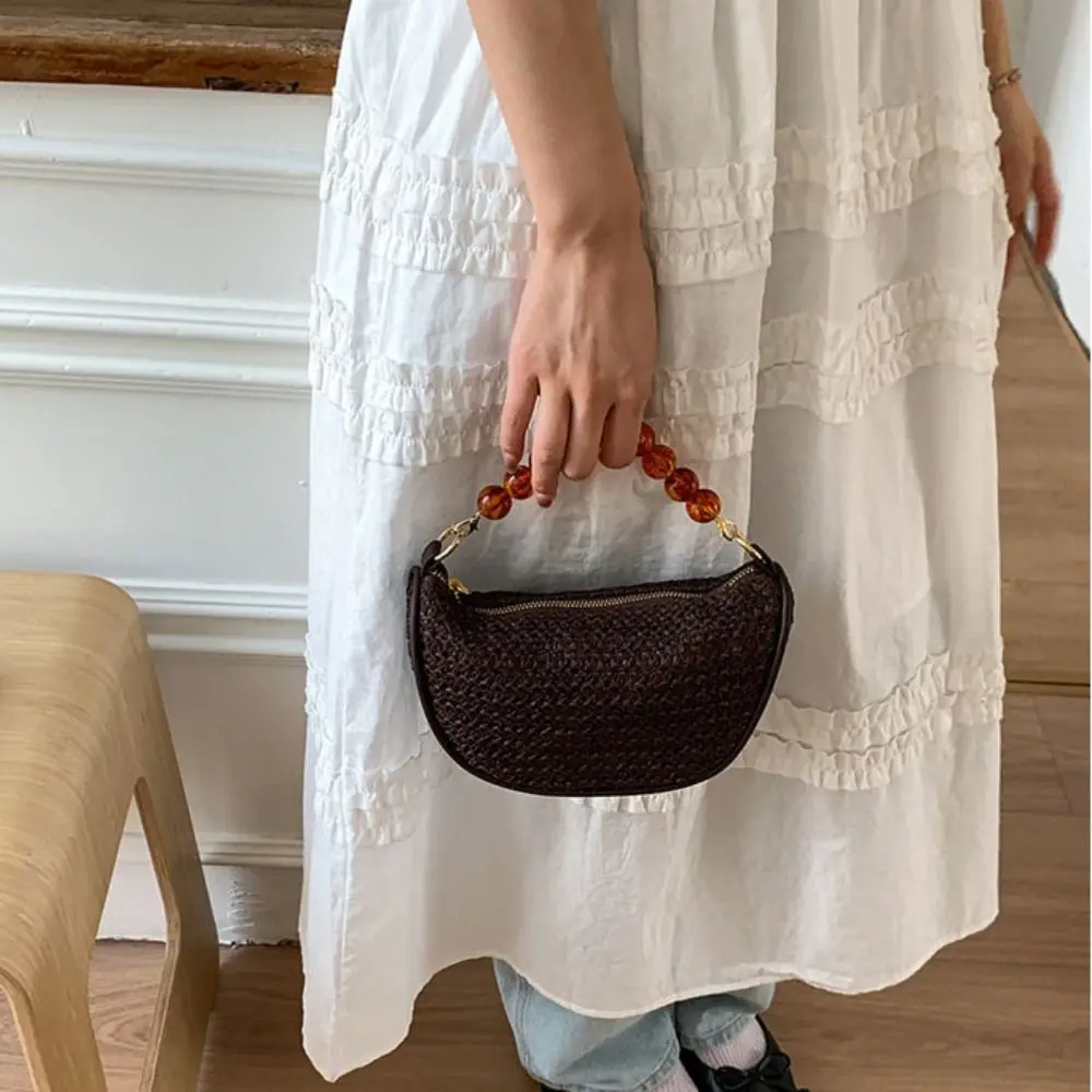 

Sweet Large Capacity Grass Weave Handbag Handmade Beads Handle Straw Bag Vacation Style Fashion Metal Chain Crossbody Bag Beach
