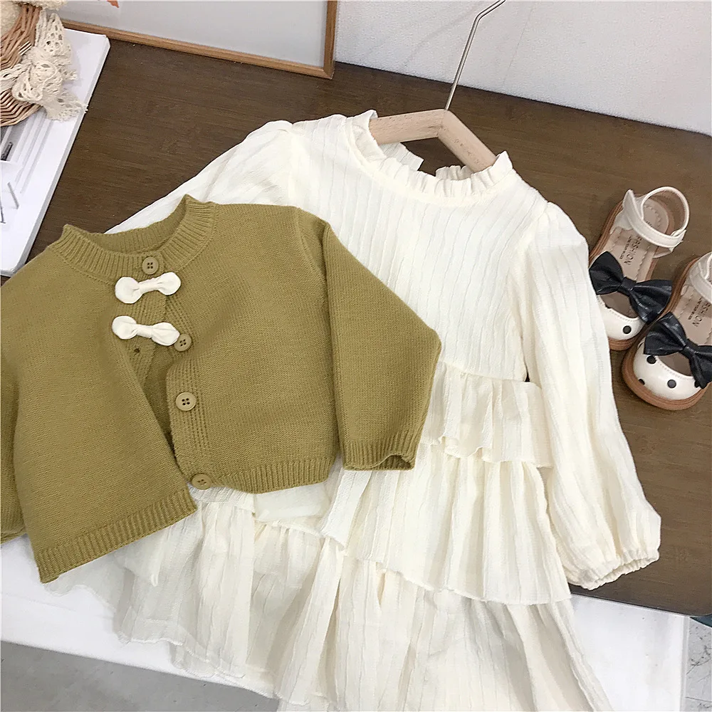 Casual Dresses Korean Childrens Clothing Autumn 2024 Retro Style Round Neck Knitting Cardigan Sweater Loose Coat Girl Cake