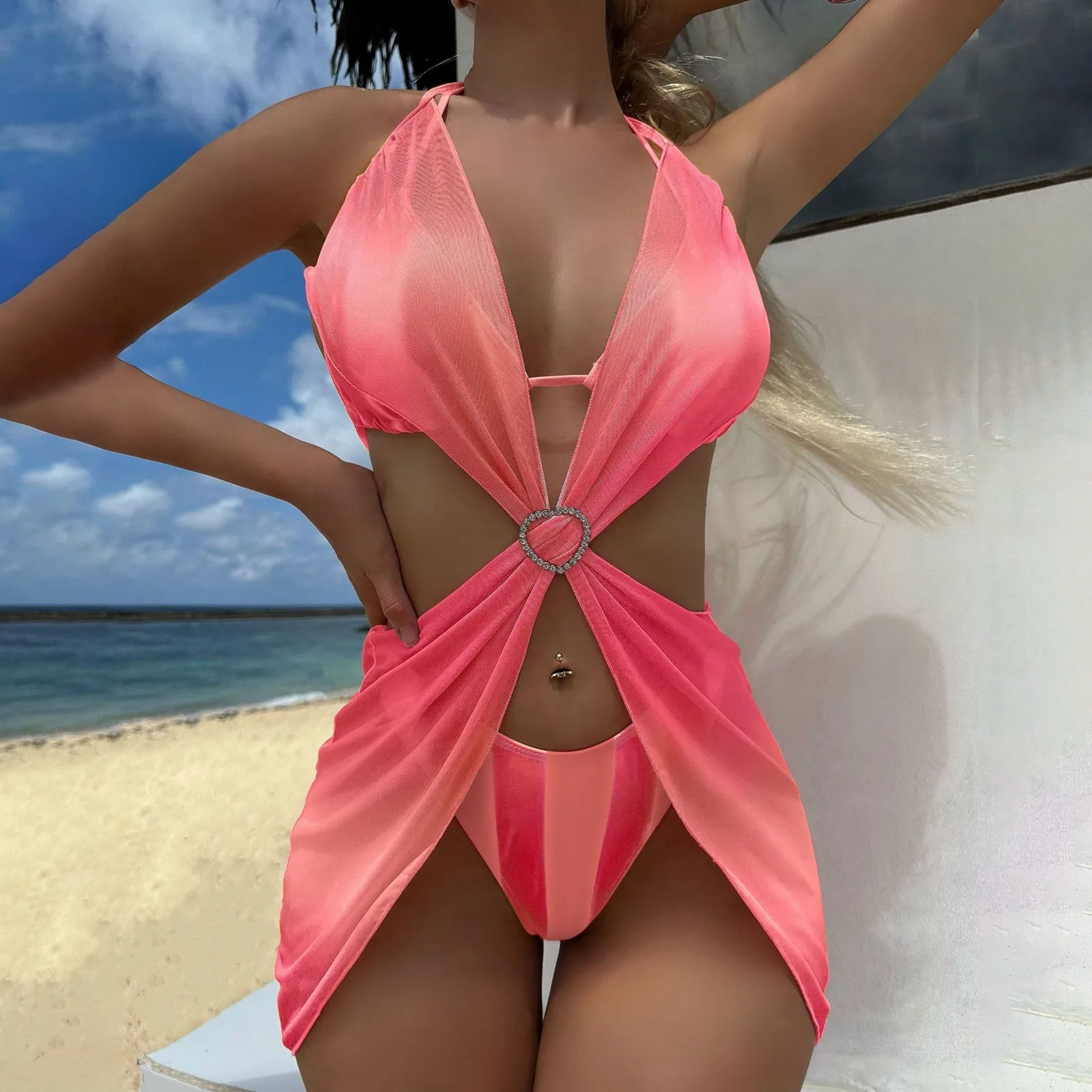 

2024 New Fashion Striped Gradient Heart Mesh Skirt Three Piece Swimsuit Sexy Tie Hanging Neck Bathing Suit Beach Wear Bikini Set