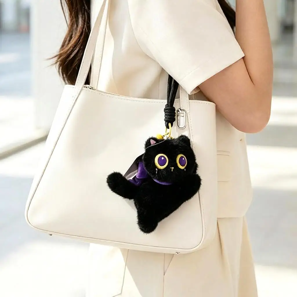 Cute Star Frame Black Cat Plush Bag Charm, soft fluffy texture, with small bell and durable lanyard, trendy ins style, perfect f