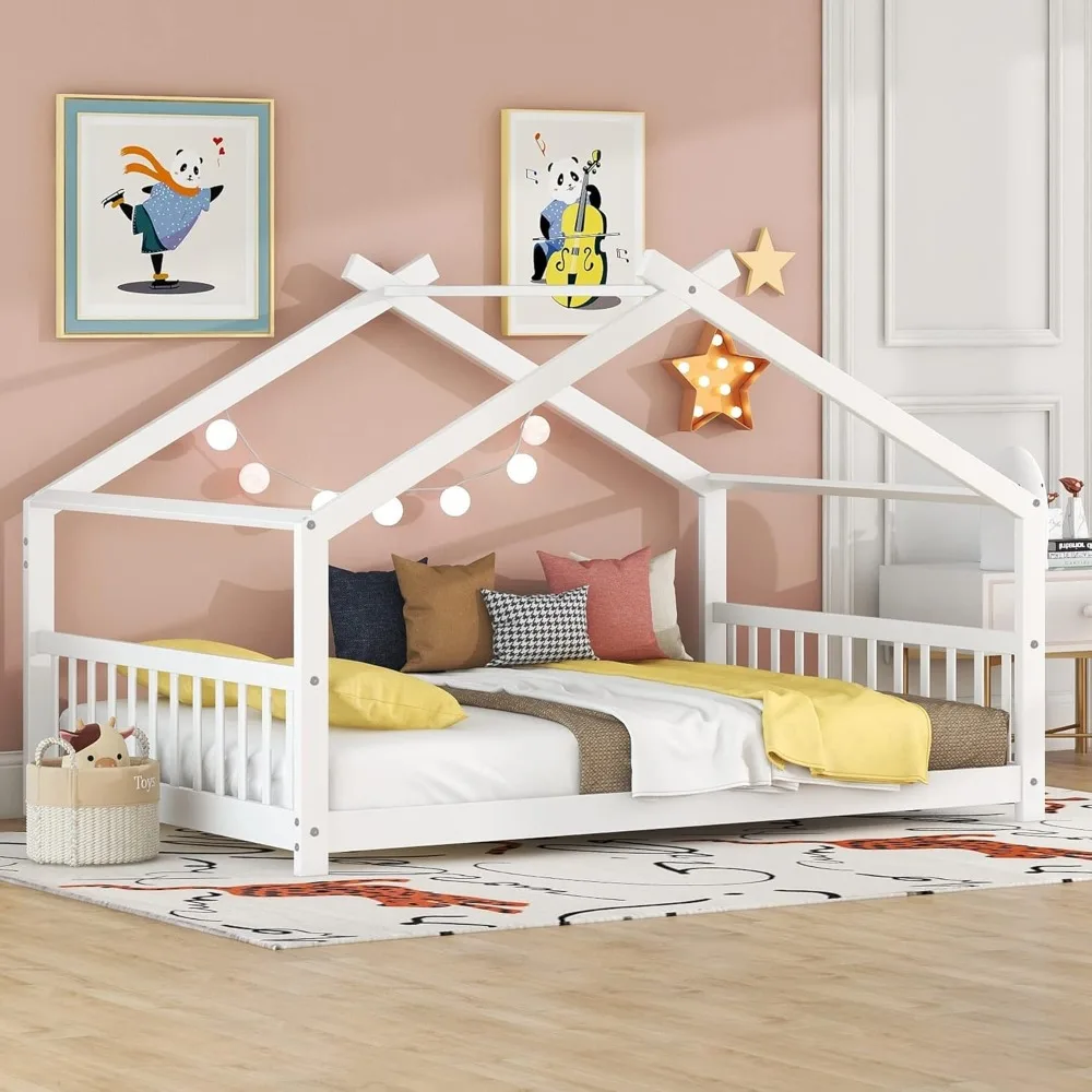 

Modern Full House Beds, Montessori Bed Wood Frame, Kids Platform Bed with Headboard & Footboard for Children Boys Girls Teens