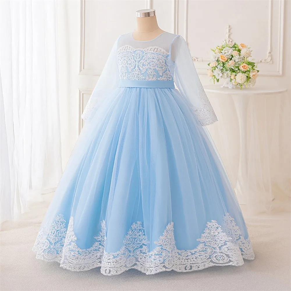 

Spring Girls Print Fluffy Princess Dress Elegant Long Sleeve Mesh Dress Fashion Kids Girl Festival Birthday Party Ball Gown