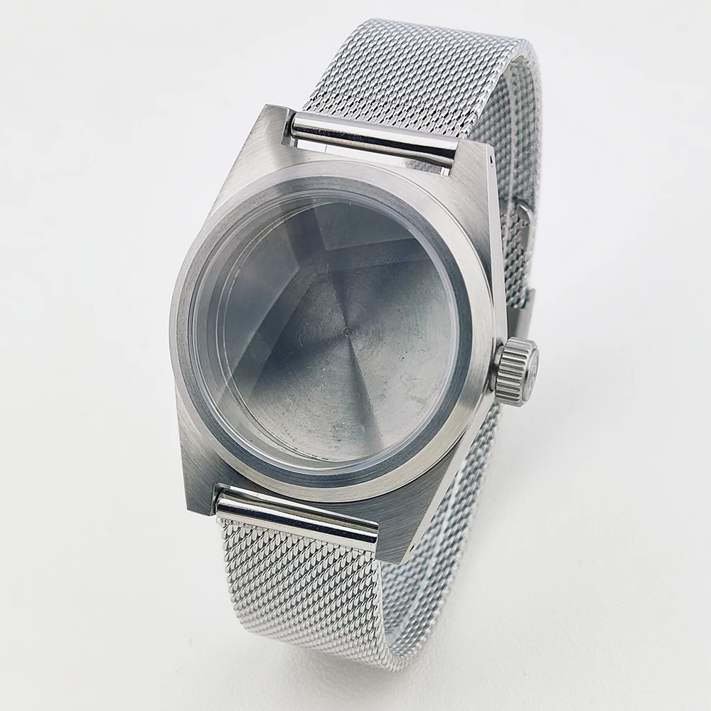 

Корпус часов 38 мм, серебряный корпус nh35, корпус из матовой нержавеющей стали, сапфировое стекло для механизма NH35, водонепроницаемый для циферблата 28,5 мм