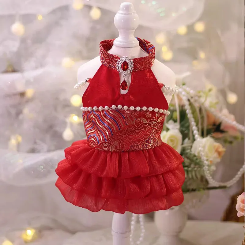 Chinese Style Print Pet Dog Clothes Crystal Pearl Red Wedding Dress For Small Medium Dog Chihuahua Yorkshire Puppy Dog Clothing