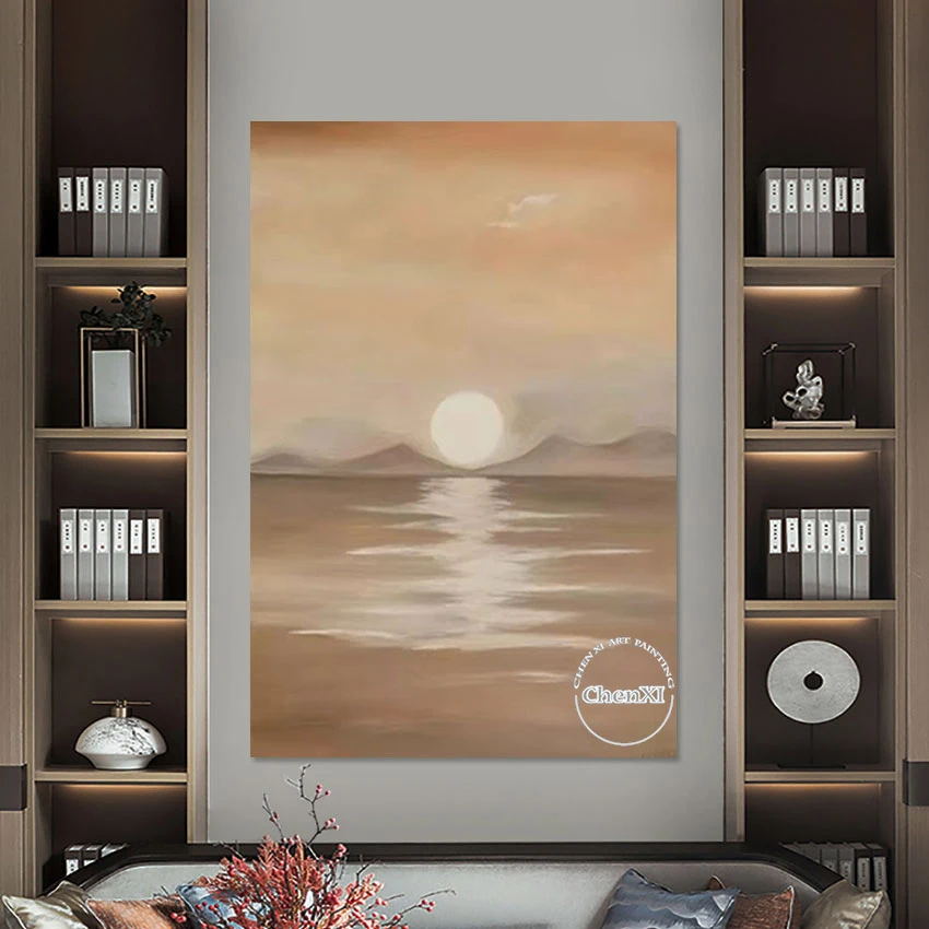 Sea Sunrise Scenery Murals Canvas Art, Handmade Oil Painting Wall Poster, Modern Large Artwork, Dropship Home Goods Wall Art